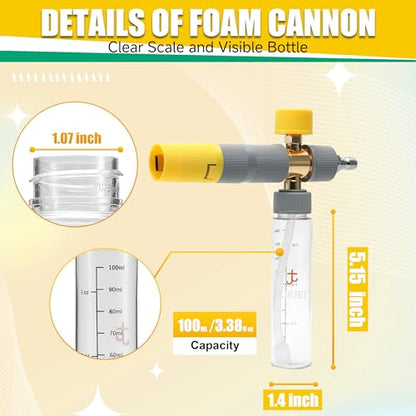 JOEJET Pressure Washer Gun with Mini Foam Cannon Dual Connector, Dual-Purpose Switch Spray Gun with 5 Power Washer Nozzle Tips, Dual Wand Foam Cannon, 1/4” Quick Connector - size: 100 ml