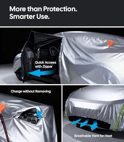 Wigoo Tesla Model 3 Car Cover Accessories (2017–2026), Custom Fit All-Weather Outdoor, Waterproof UV Sun & Heat Protection, Ventilated Design, Windproof, Smooth Paint-Safe Lining, Charging Port Zipper - size: For Tesla Model 3 (2017-2026)
