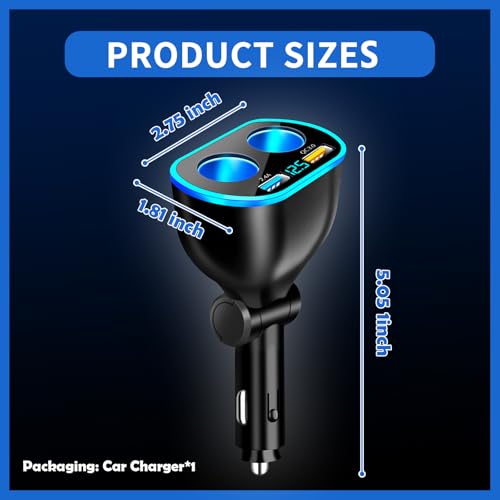 2026 Upgrade Car Cigarette Lighter Splitter,4 in 1 Double Cigarette Lighter Adapter with USB Port 2.4A & QC3.0 Super Fast for Mobile Phone,Dash Cam,12/24V Car Charger with LED Voltmeter