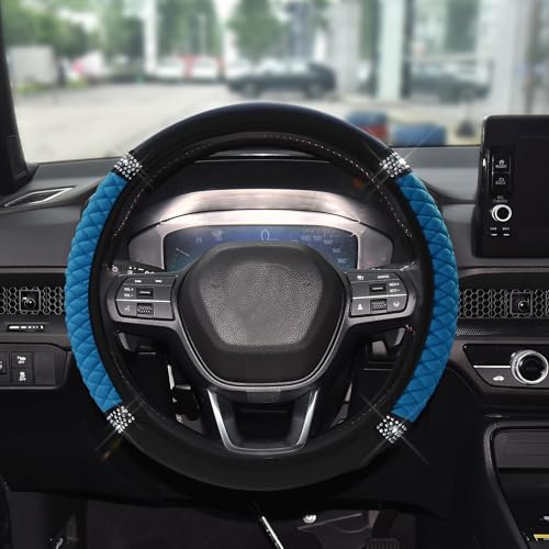 Bling Soft Leather Steering Wheel Cover, 15 Inch Colorful Rhinestones Auto Elastic Steering Wheel Protector for Women Girls, Car Accessories Anti Slip Steering Wheel Cover for Cars, SUVs (Blue) - color: Blue