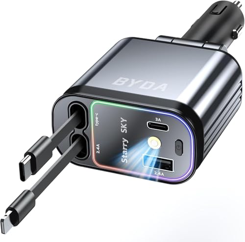 4 in 1 Retractable Car Charger with Starry Light,69W USB-C Fast Car Charger, for iPhone 17/16/15/14/13/12/11, Android,Pixel,Cigarette Lighter Charger (for Lightning+USB-C) - size: for Lightning+USB-C