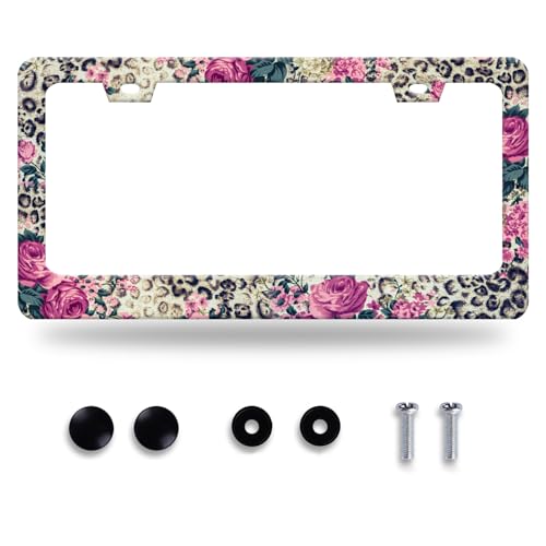 Rose Leopard Print License Plate Frame Vintage Floral License Plate Stainless Steel Funny License Plate Holder Cheetah Car Accessories Decoration with Screws Fits Standard Vehicles Size 12.3" x 6.3" - color: Vintage Roses Leopard Print