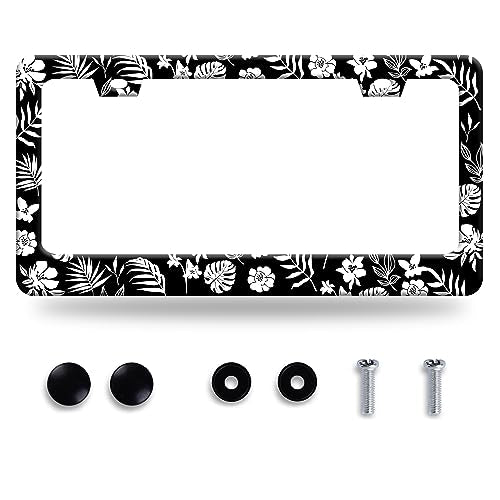 Tropical Flowers Leaves License Plate Frame Hawaiian License Plate Stainless Steel Auto Parts Funny License Plate Decorative with Screws Size 12.3" x 6.3" - color: Tropical flowers leaves