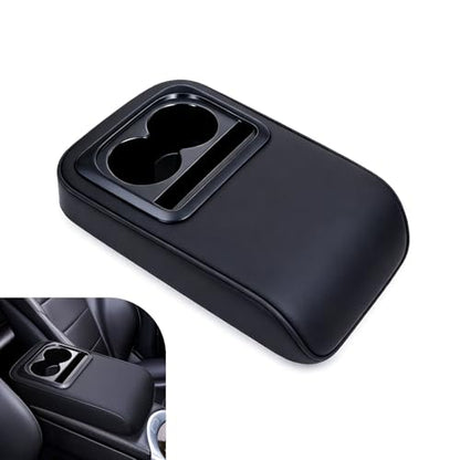 Car Middle Center Console Cover with Cup Holder, Leather Car Armrest Cover, Multi-functional Armrest Storage Pad, Universal for Most Vehicles (Black) - color: Black