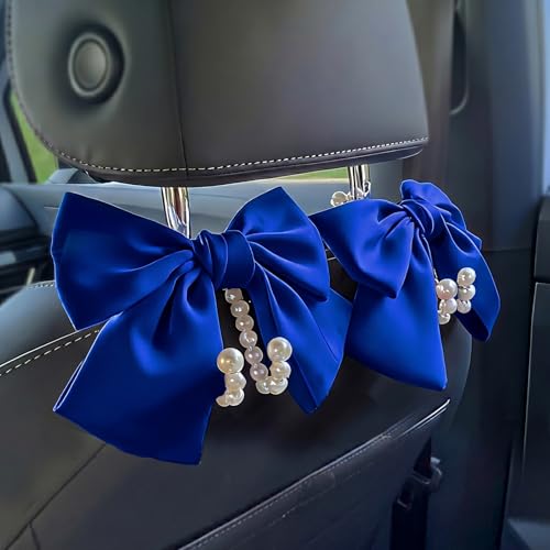 2 PCS Bow Pearl Car Seat Headrest Hook – Cute Purse Hook for Car, Girly Interior Decoration Accessories Hook Hanger, Seatback Holder for Purses & Bags, Elegant Car Organizer (Deep Blue) - color: Deep Blue