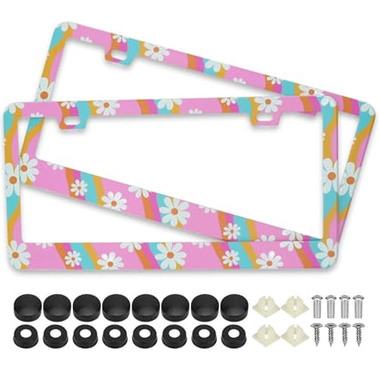 Summer Daisy Flowers Waves License Plate Frames, 2 Pack Summer Daisy Car Plate Frame, Stainless Steel License Plate Holders Covers with Free Screws Fasteners Caps (Summer Daisy Waves) - color: Summer Daisy Waves