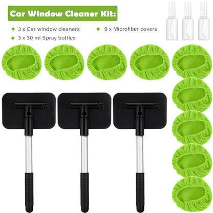 Frienda 3 Set Windshield Cleaner Tool Inside Car Window Cleaner Tool with 3 Extendable Handle 9 Reusable Microfiber Pads and 3 Spray Bottles for Auto Home Interior Exterior Glass Cleaning(Green) - color: Green