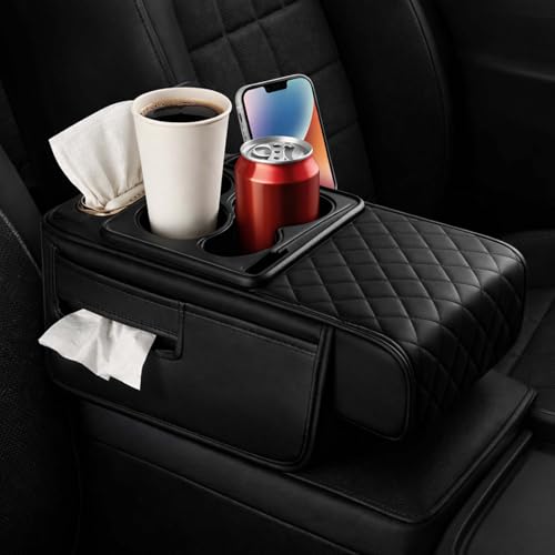 2026 Multifunctional PU Leather Car Armrest Box Mat,5-in-1 Center Console Cover with Cup Holder with 2 Storage Bags,Tissue Box Slot, Phone Slot,Universal Car Armrest Storage Bag (Black*A) - color: Black*A