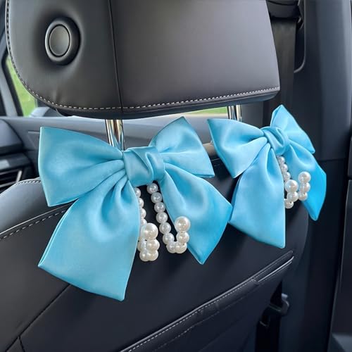 2 PCS Bow Pearl Car Seat Headrest Hook – Cute Purse Hook for Car, Girly Interior Decoration Accessories Hook Hanger, Seatback Holder for Purses & Bags, Elegant Car Organizer (Sky Blue) - color: Sky Blue