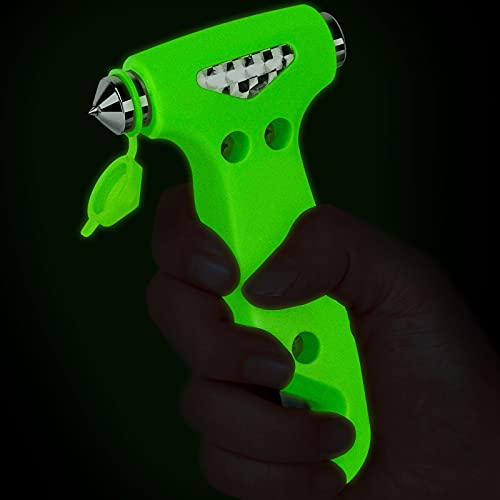 THINKWORK 6-in-1 Car Safety Hammer (Glow-in-Dark), Emergency Escape Tool with Window Breaker and Seat Belt Cutter for First Responders and Roadside Safety Kits, Life-Saving Hammer Gift for Family - color: Fluorescent Green
