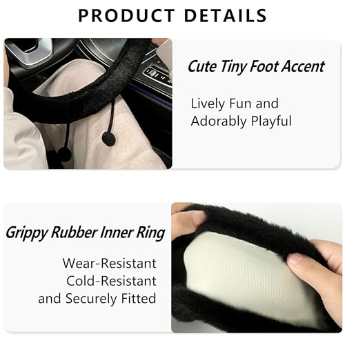 Car Headrest Pillow & Steering Wheel Cover Set with Cute Big-Eyed Furball Travel Neck Support Pillow Fur Car Interior Accessory (Black 3Pcs Set) - color: Black 3pcs Set