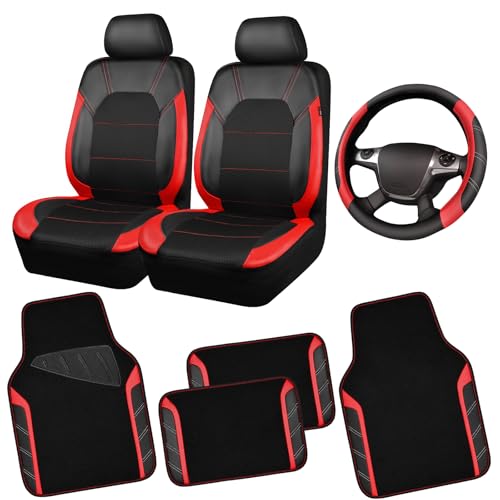 CAR PASS Air Mesh Leather Car Seat Covers for Front Seats, Waterproof Car Floor Mats, Sporty Steering Wheel Cover, Universal Fit for 95% Cars Truck SUV (Black and Red) - color: Red