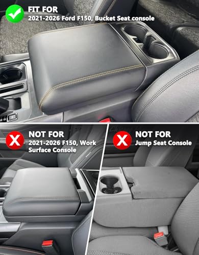 KBH Center Console Armrest Cover for 2021-2026 Ford F150, Middle Console Lid Protector, Arm Rest Box Cushion, Anti-Scratch, Black-Gray Stitch (Fits Bucket Seat Console Only) - size: Bucket Seat, 21-26 F150, Gray Stitch