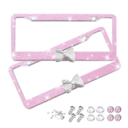 Bling Car License Plate Frame for Women, 2PCS Crystal Rhinestone Stainless Steel Vehicle Plate Holder, Glitter Diamond Sparkly Auto Plate Cover Accessories, Universal Fit (Pink/White Bow) - color: Pink/White Bow
