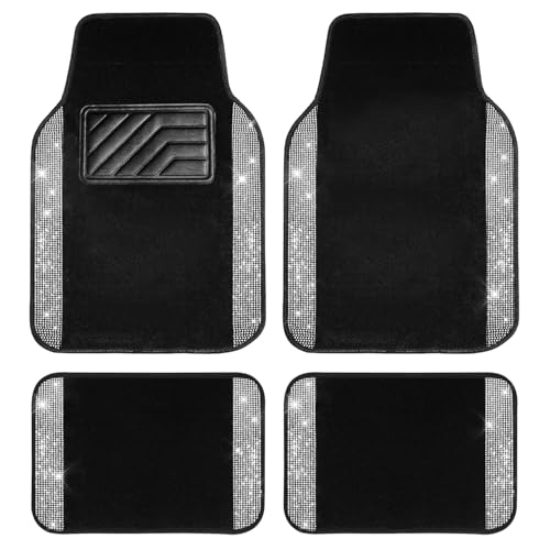 CAR PASS Bling Diamond Car Floor Mats, Shining Rhinestone Carpet Sparkly Glitter Crystal with Anti-Slip PVC Heel Pad Waterproof Universal Fit Automotive SUV,Sedan,Van,Cute Girl Women,4pcs Black Sliver - color: Silver Diamond