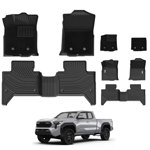 3W Floor Mats with First Row Carpets for Toyota Tacoma 2016-2023, TPE Floor Liner Thickened Carpet with Safety Locks and Driver Heel Pad fit Tacoma Cars Accessory(Only for Double Cab and Automatic) - size: 6. Tacoma|16-23|Floor Mats&First Row Carpet
