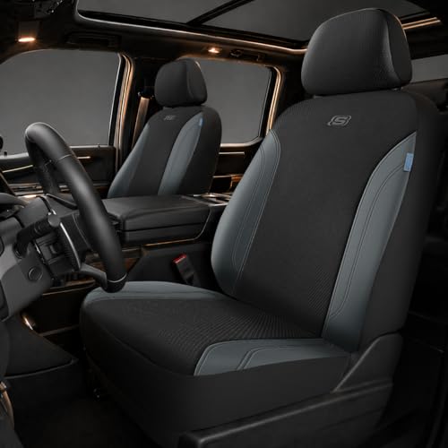 Skechers Car Seat Covers, Work Leather Seat Covers 5-Times Stronger Built-in Webbing, Oxford Fabric Front Seat Covers, Airbag Compatible, Automotive Comfort for Cars, Trucks, SUVs,Grey - color: Black&Grey, size: Two Front