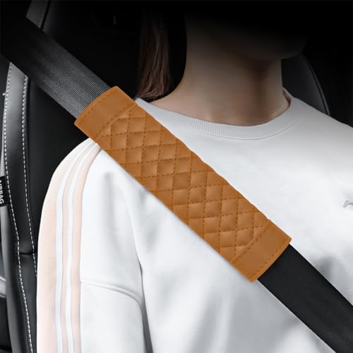 2PCS Car Seat Belt Cover Pad,Soft Leather Seatbelt Covers Breathable Seatbelt Cushion with Plaid Design,All Seasons Universal Car Interior Accessories Seat Belt Cover for Kids & Adults (Brown) - color: Brown