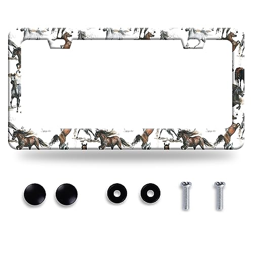 Watercolor Painting Horses License Plate Frame Animal License Plate Stainless Steel Auto Parts Funny License Plate Decorative with Screws Size 12.3" x 6.3" for Women Men - color: Watercolor painting horses