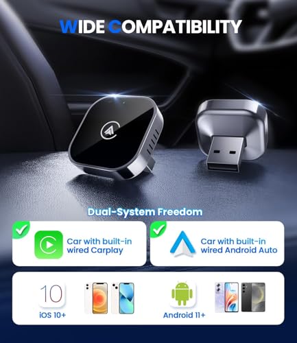 Teeran 2 in 1 Wireless CarPlay and Android Auto Adapter, Easy Setup Plug and Play, Fast Seamless Use Supports 1000+ Cars with Built-in Wired Car Play/Android Auto Compact Sleek Design Car Adapter