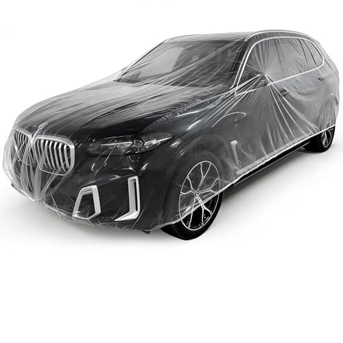 4 Pack Disposable Plastic Car Cover, Universal Clear Rain Dust Garage Cover with Elastic Band, for Indoor Garage Use, Sedans and SUVs, 12 ft x 22 ft