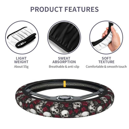 Skull Rose Steering Wheel Cover with 2 Car Coasters Non Slip Neoprene for Women Men Universal 15 Inch - color: Skull Rose