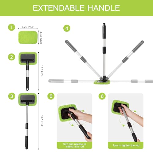 Qydipclin 11pcs Windshield Cleaner Tool, Car Window Cleaning Wash Kit with 6 Reusable Microfiber Pads 2 Spray Bottles and Extendable Handles Auto Glass Wiper Kit, Green - color: Green