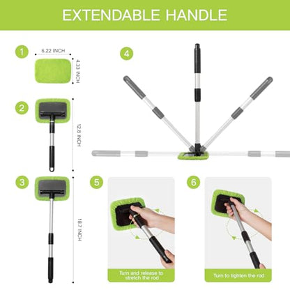 Qydipclin 11pcs Windshield Cleaner Tool, Car Window Cleaning Wash Kit with 6 Reusable Microfiber Pads 2 Spray Bottles and Extendable Handles Auto Glass Wiper Kit, Green - color: Green