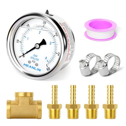MEANLIN MEASURE 9Pieces KIT 0-60Psi Stainless Steel Liquid Filled Pressure Gauge 1/4" NPT 2.5" FACE DIAL, Back Mount with 1/4" 5/16" Hose Barb, Tee Fittings, WOG Water Oil Air - size: 0-60Psi (9Pcs Kit)