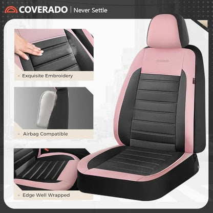 Coverado Car Seat Covers Front Seats, Luxury Leather Car Seat Covers, Automotive Mesh Seat Covers 2 Pack, Airbag-Compatible, Black Pink Seat Covers for SUV Sedan Truck - color: Pink&Black, size: Frontpair