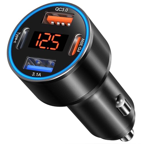 USB C Car Charger, 4-Port 65W Dual 12V USB-A & USB-C Car Phone Charger with Voltmeter PD/QC 3.0 Fast Charging Cigarette Lighter Adapter for iPhone 16e 15 14 13 12 11 Pro Max,Samsung, Android(Black) - color: Black, size: 1-Pack