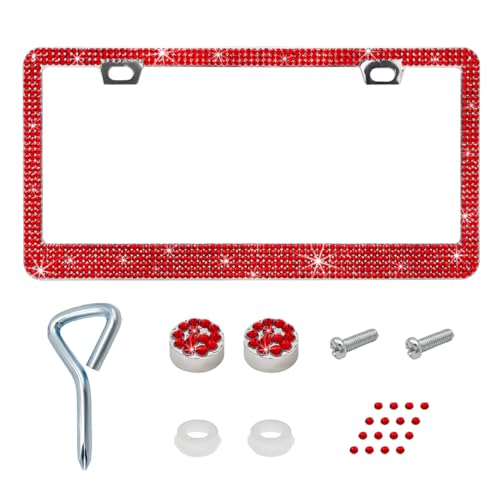 Ziciner Bling License Plate Frame, Sparkly License Plate Tag Cover with Multifaceted Rhinestones, Stainless Steel Crystal License Plate Holder, Universal Exterior Car Accessories (Red, 1PCS) - color: Red, 1PCS