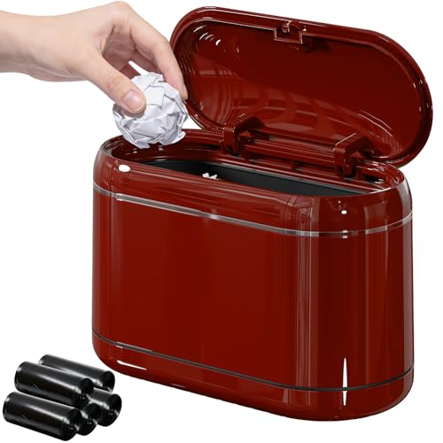 PAVSTINE Mini Trash Can for Desk with 5 Rolls of Trash Bags, Small Press-Top Countertop Garbage Bin, Removable Waste Basket for Bedroom, Vanity, Coffee Table, Kitchen (Red Full-Lid) - color: Red Full-Lid