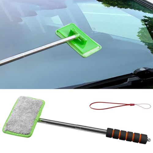 Car Windshield Cleaner Tool, Retractable Rearview Mirror Brush with Extendable Handle, Microfiber Window Washing Pad, Portable Auto Glass Wiper for Car Home Office (Green) - color: Green