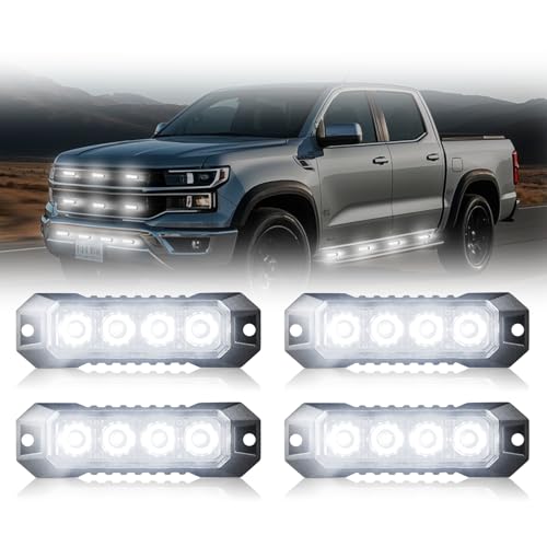 4PCS Ultra Slim LED Strobe Lights for Trucks 4-LED Surface Mount Flashing Emergency Lights, 12V 24V LED Mini Grille Hazard Warning Caution Light for Truck, Vehicles ATV Cars Trailer SUV,White - color: White