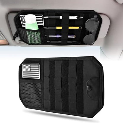 Car Sun Visor Organizer with Zipper Storage Pouch & Glasses Clip – Semi-Rigid MOLLE Panel with Patch – Universal Fit for Vehicles, SUVs, Trucks(Black)