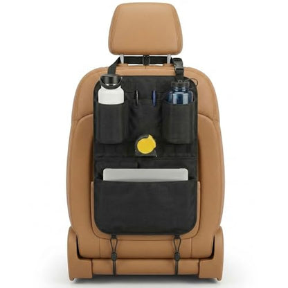 Swigzy Premium Seat Back Organizer & Kick Mat Protector with Large Water Bottle Holders - Cordura Nylon Auto Storage - Laptop Pocket & Sag-Free Adjustable Fit