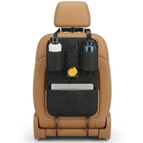 Swigzy Premium Seat Back Organizer & Kick Mat Protector with Large Water Bottle Holders - Cordura Nylon Auto Storage - Laptop Pocket & Sag-Free Adjustable Fit