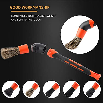 SPTA Car Detailing Brush Set, 5 Pack Soft Boar Hair Auto Detail Brush Kit with Elbow for Automotive Elegant Surface Interior Exterior Dashboard Emblems Panels Engine Bay Wheels Air Vent Seat Leather - color: 5pcs Car Detailing Brush Set With Elbow