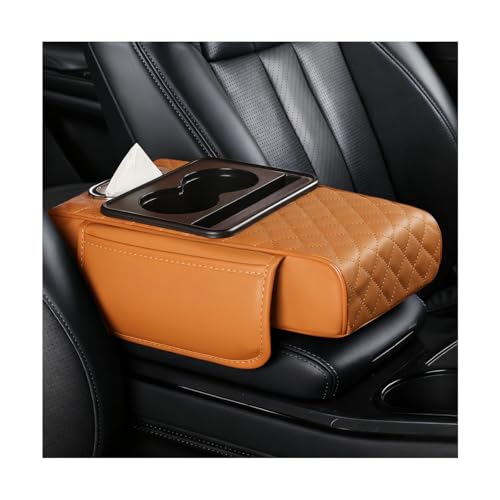 Car Armrest Cushion, 5-in-1 Nappa Leather Vehicle Centre Console Cover with 2 Storage Pockets, Cup Phone & Phone Holder, Multifunctional Auto Organiser Accessories, Universal Fit (Yellow) - color: Yellow