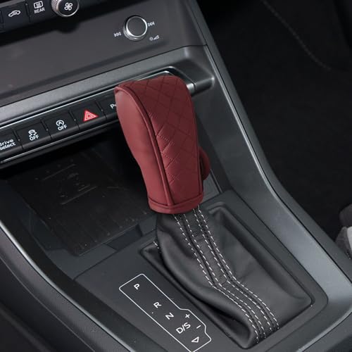 Leather Car Gear Shift Knob Cover, Shift Knob Cover, Upgraded Anti-Slip Design Stick Shift Knob Cover, Universal Shifter Lever Protector Cover Car Decoration Accessories for Cars, Trucks, SUVs - color: Wine red
