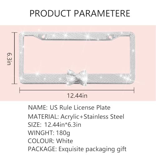 Bling Car License Plate Frame for Women, 2PCS Crystal Rhinestone Stainless Steel Vehicle Plate Holder, Glitter Diamond Sparkly Auto Plate Cover Accessories, Universal Fit (White/White Bow) - color: White/White Bow