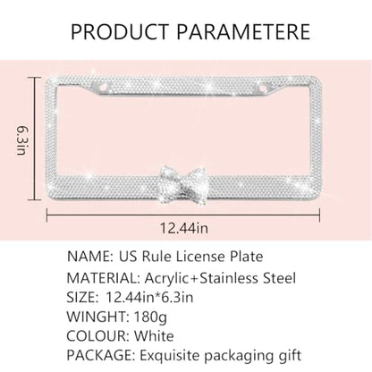 Bling Car License Plate Frame for Women, 2PCS Crystal Rhinestone Stainless Steel Vehicle Plate Holder, Glitter Diamond Sparkly Auto Plate Cover Accessories, Universal Fit (White/White Bow) - color: White/White Bow