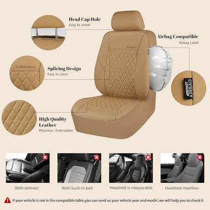 CAR PASS Faux Leather Seat Covers Full Set, Quilting Waterproof Premium Automotive Seat Cover with 5mm Composite Sponge Inside,Airbag Compatible, Universal for Most Cars Sedan SUV Truck, All Beige - color: Full Beige, size: Full Set (Front and Rear)