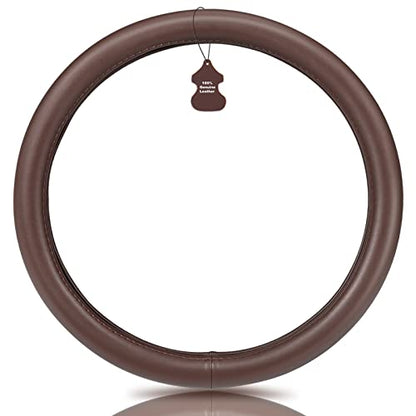 Haokay Heavy Duty Pure Cowhide Steering Wheel Cover, Genuine Leather Steering Cover Brown Leather Steering Wheel Cover with 15 Inches Universal Fit (Brown-1) - color: Brown-1