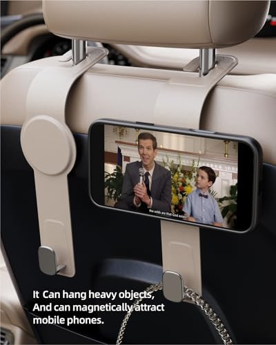 Car Headrest Hook with Swivel Magnet Phone Holder for Magsafe, 2-in-1 Double Hooks Hanger for Purse Bag, 360° Rotating Hands-Free Car Accessories for Handbag Coat Umbrella(1 Pack Milkshake White)