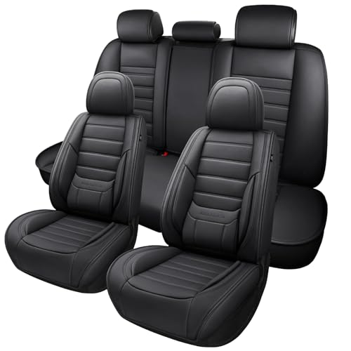 MINGBRON Black Car Seat Cover with Lumbar Support, Car Seat Protector Waterproof, Nappa Leather Car Seat Cushion, Car Seat Covers Front Seats and Back Fit for Most Cars - color: Black 2, size: Full Set