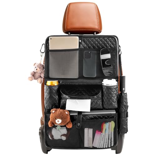 Car Seat Organizer with Foldable Table Tray - 11 Storage Pockets PU Leather Backseat Organizer with Tablet Holder, Seat Back Protector Kick Mat for Kids Family Road Trip Accessories (Black) - size: 1 Pack