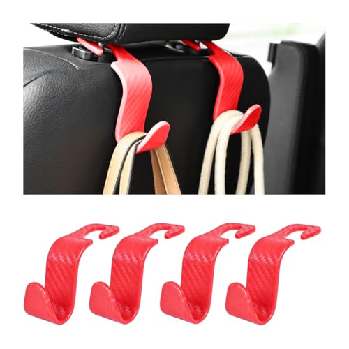 Car Seat Headrest Hooks, 4PCS Carbon Fiber Vehicle Back Seat Storage Hanger Holder for Hangbag Coat Grocery, Automotive Interior Headrest Hook Organizer, Universal for Vehicles (Red) - color: Carbon Fiber Red