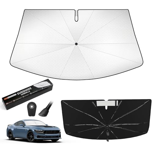 Windshield Sun Shade Umbrella Thickened for Ford Mustang 2015-2026, UV Block & Heat Insulation to Keep Interior Cool, Emergency Rain Shield Dashboard Protector, Easy to Setup & Foldable - size: For Ford Mustang 2015-2026